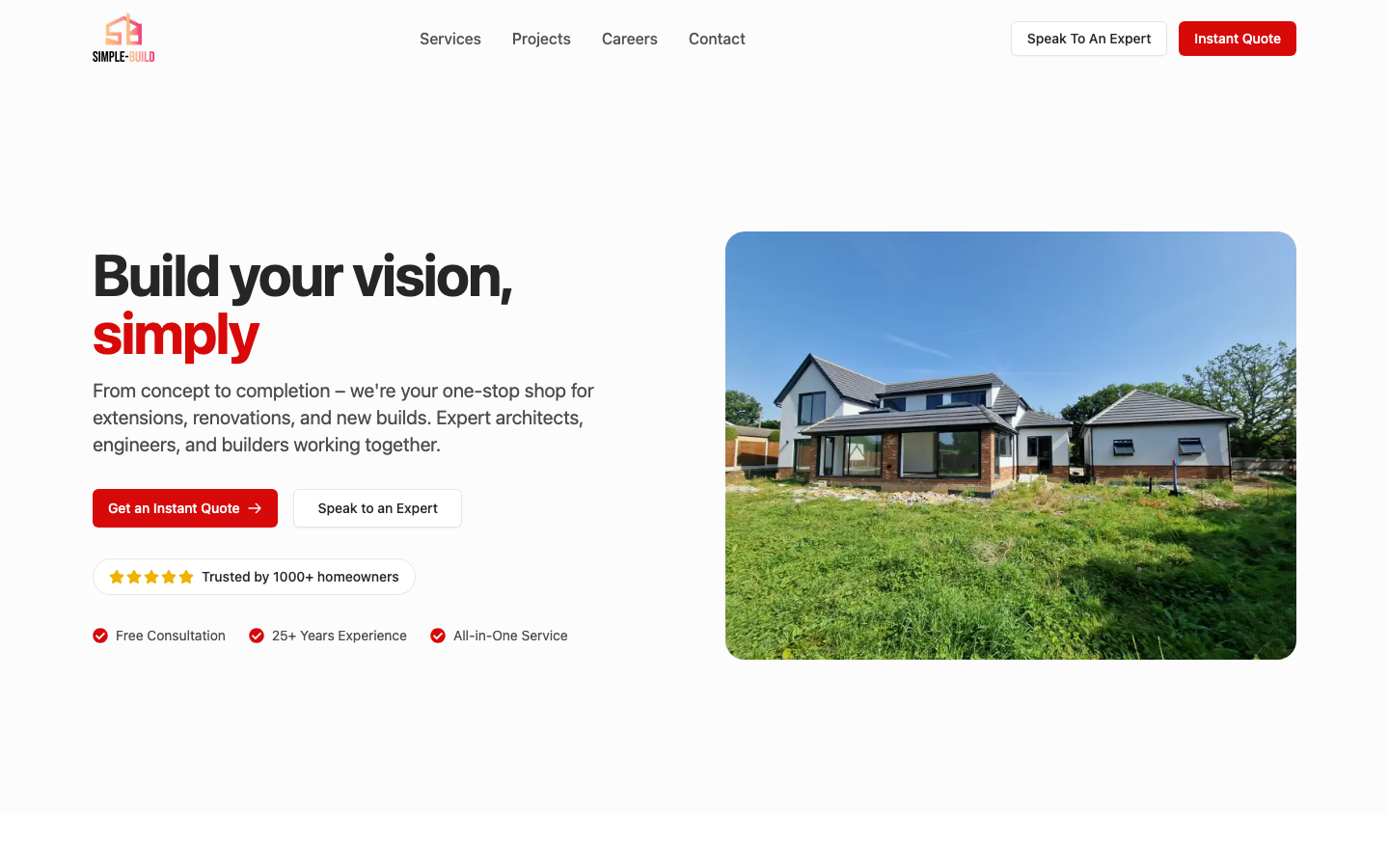 Simple Build homepage with construction services, quote actions and a completed house photograph.
